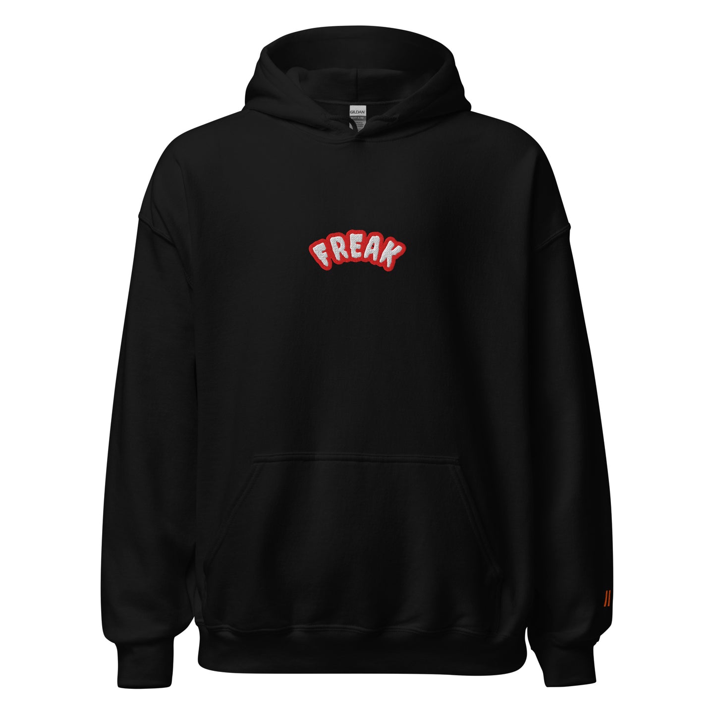 Black hoodie with red and white 'Freak' text on a white background