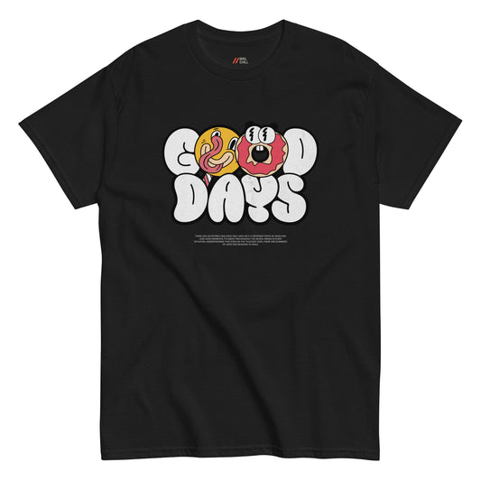 Black t-shirt with 'Good Days' graphic featuring cartoon donuts on a white background