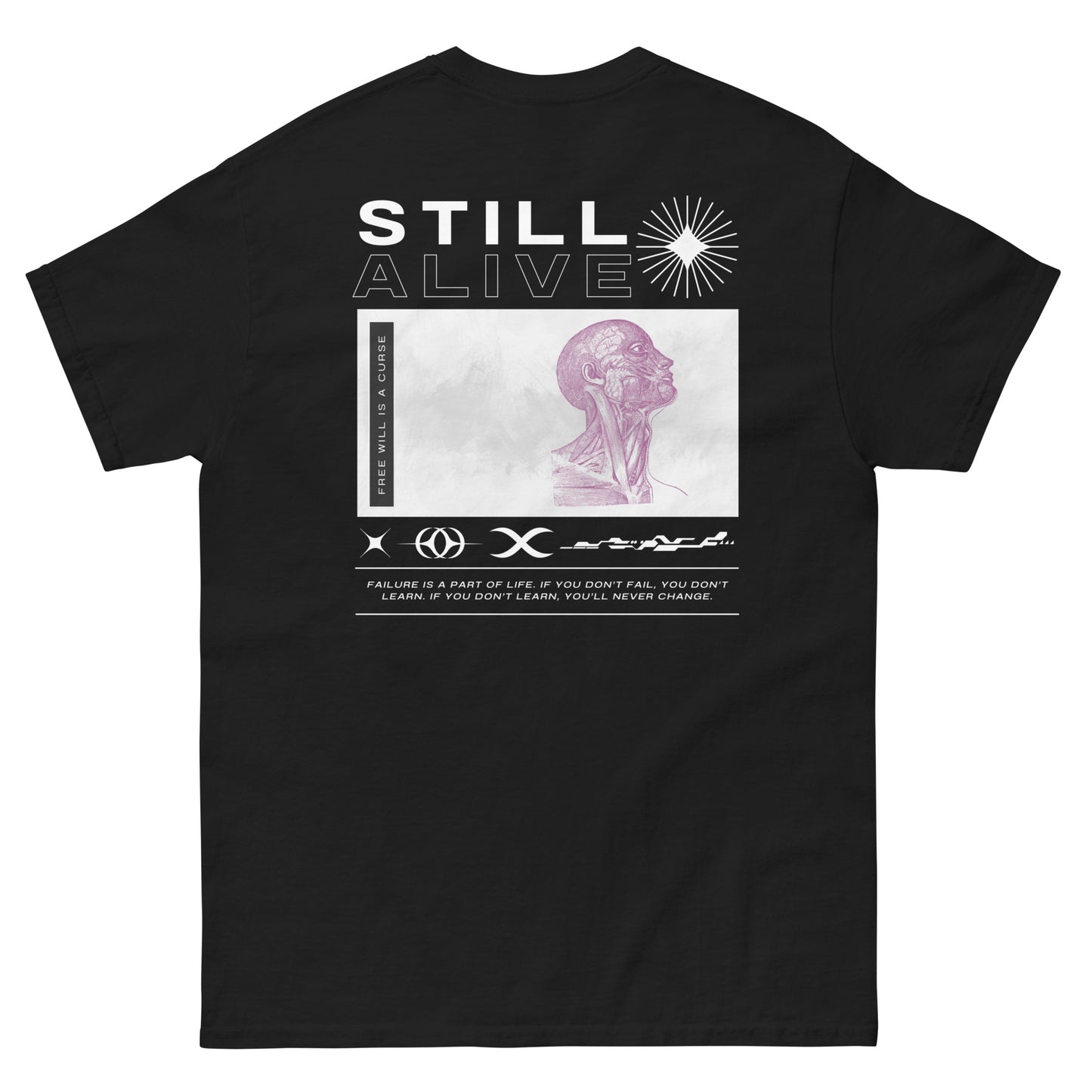 Black tee with 'Still Alive' text on the back next to a skinless human on a white background