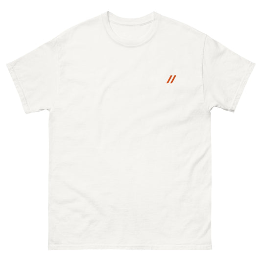 White tee with Bro, Chill logo on the front