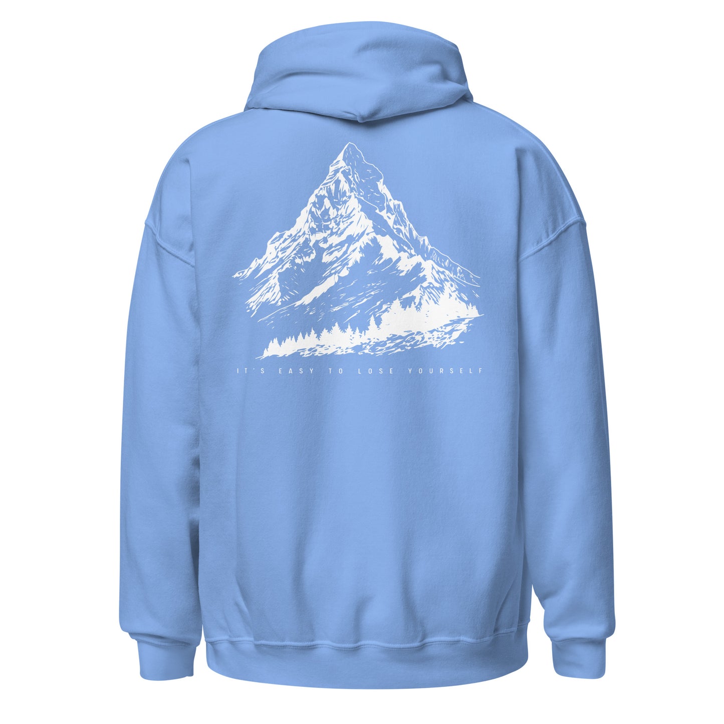 Light blue hoodie with a mountain graphic on the back against a white background