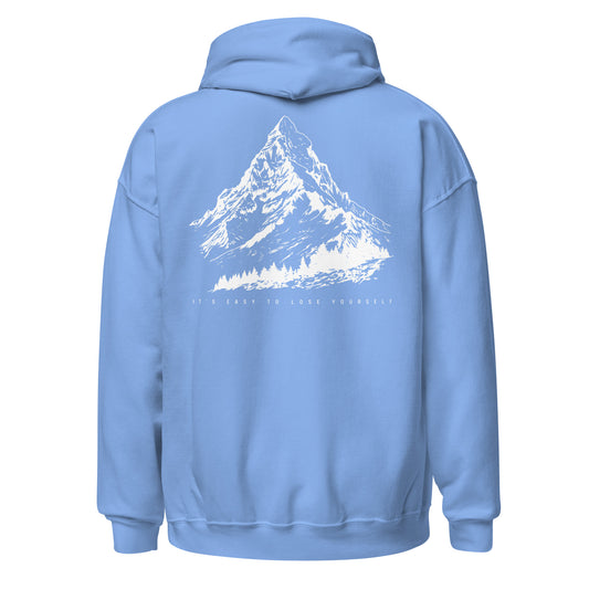 Light blue hoodie with a mountain graphic on the back against a white background
