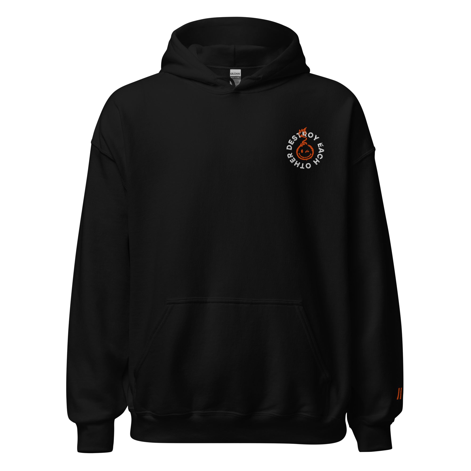 Black hoodie with a graphic design on the front featuring text and a bomb-like symbol.