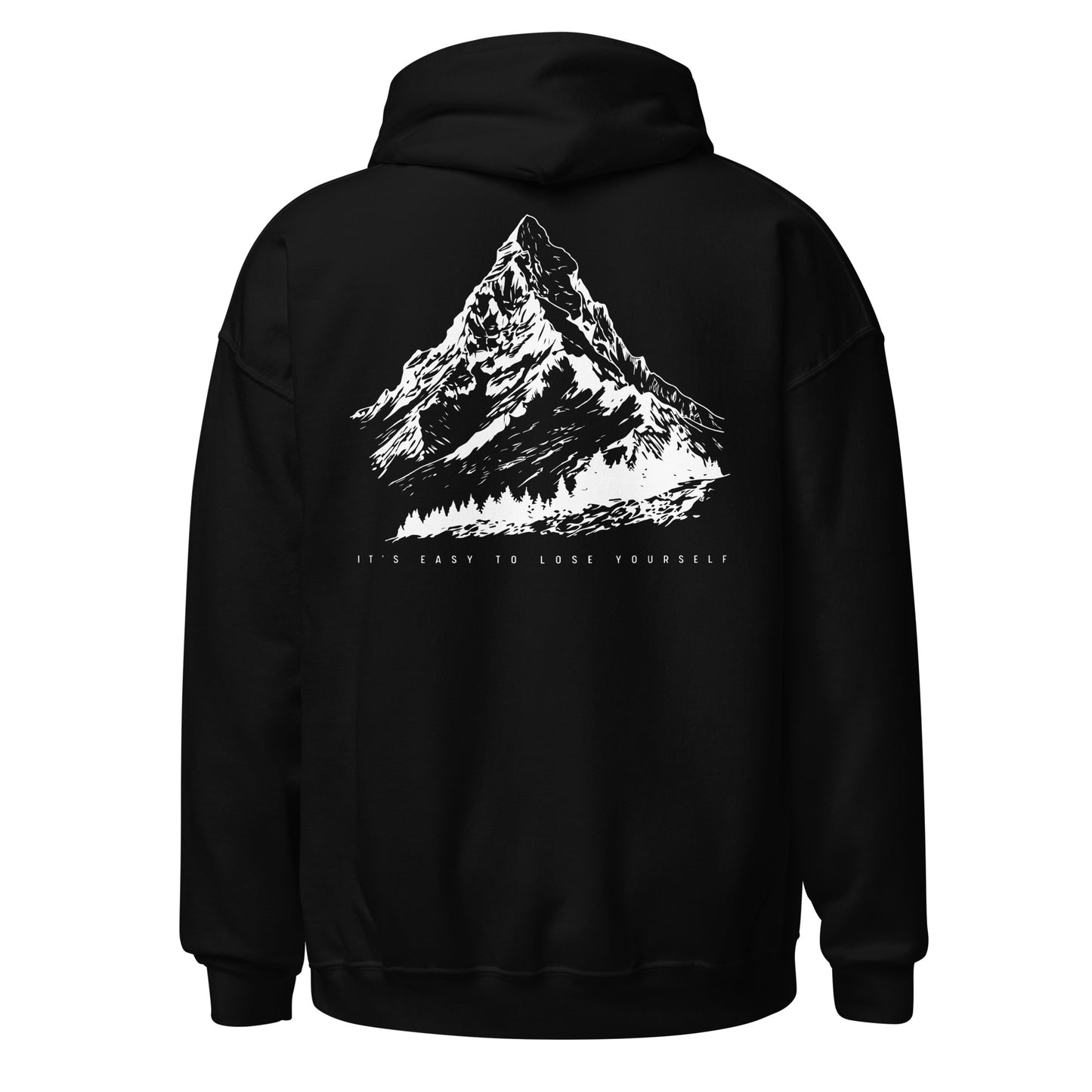 Black hoodie with mountain graphic on the back
