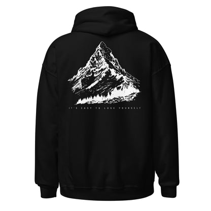 Black hoodie with mountain graphic on the back
