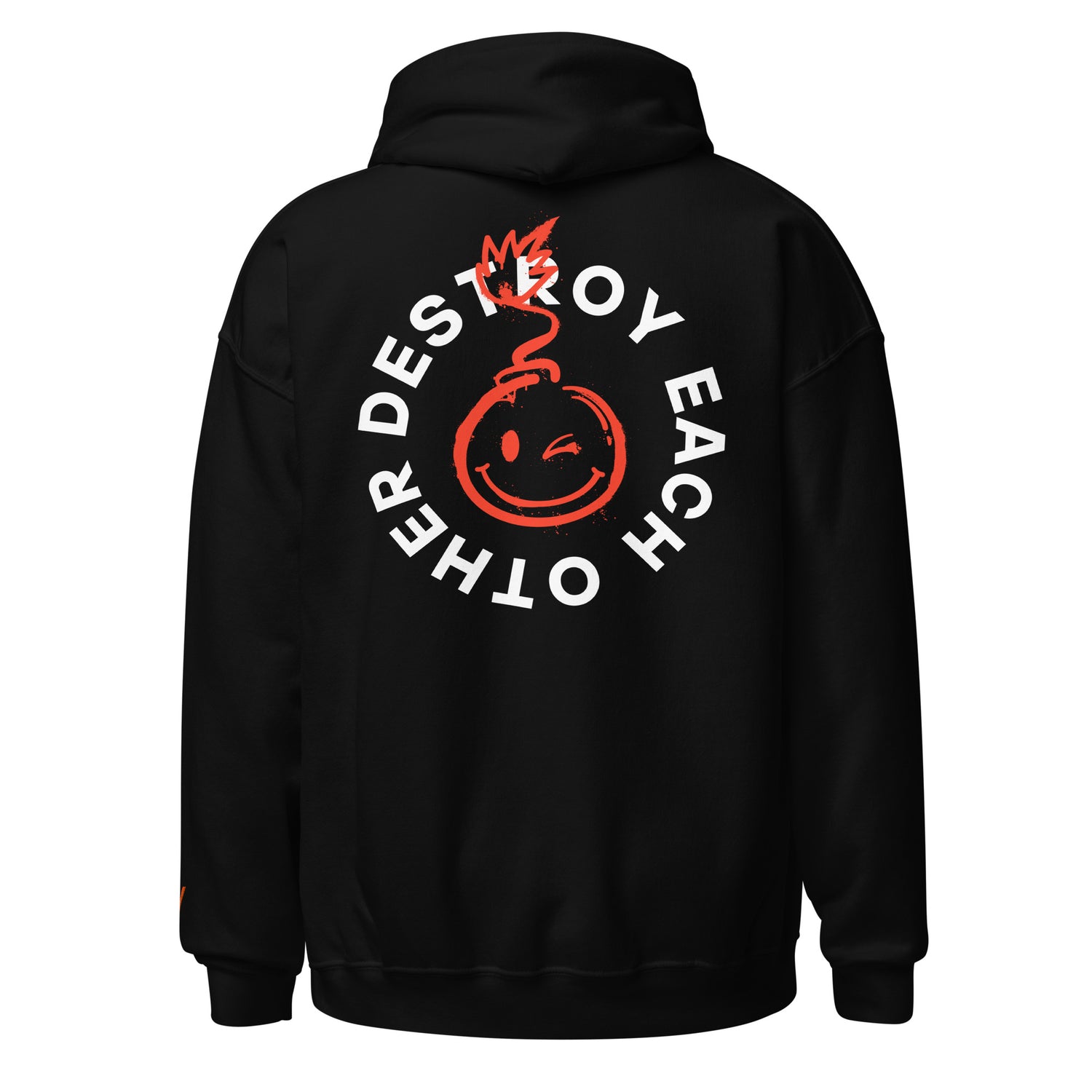 Black hoodie with a graphic design on the back featuring text and a bomb-like symbol.