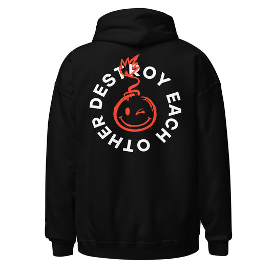 Black hoodie with a graphic design on the back featuring text and a bomb-like symbol.