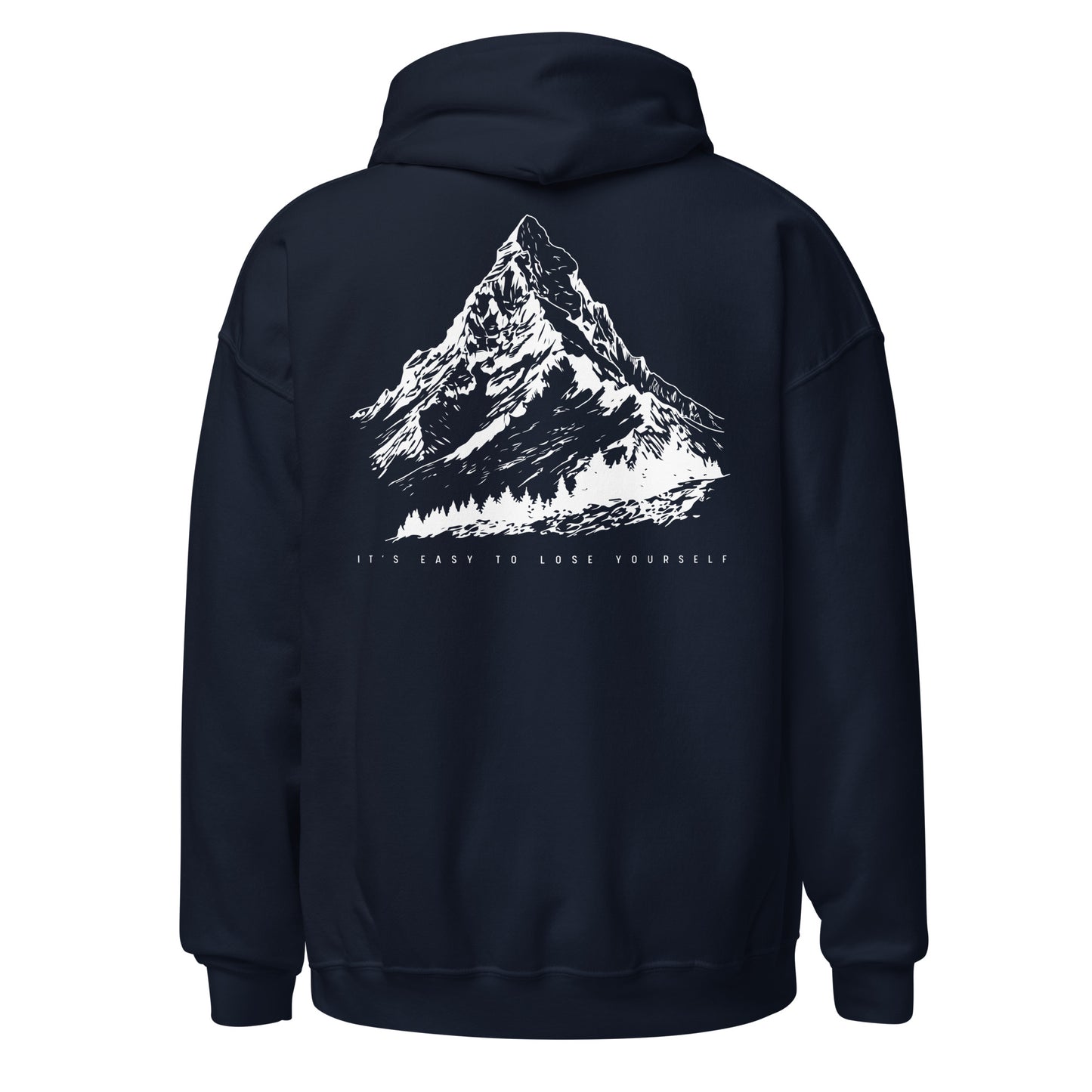 Navy blue hoodie with mountain graphic on the back