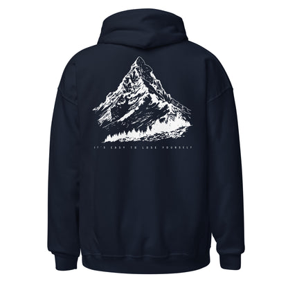 Navy blue hoodie with mountain graphic on the back