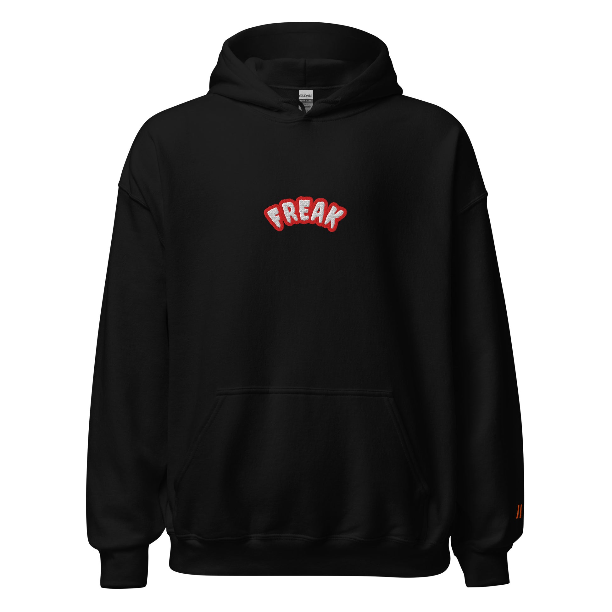 Black hoodie with red and white 'Freak' text on a white background