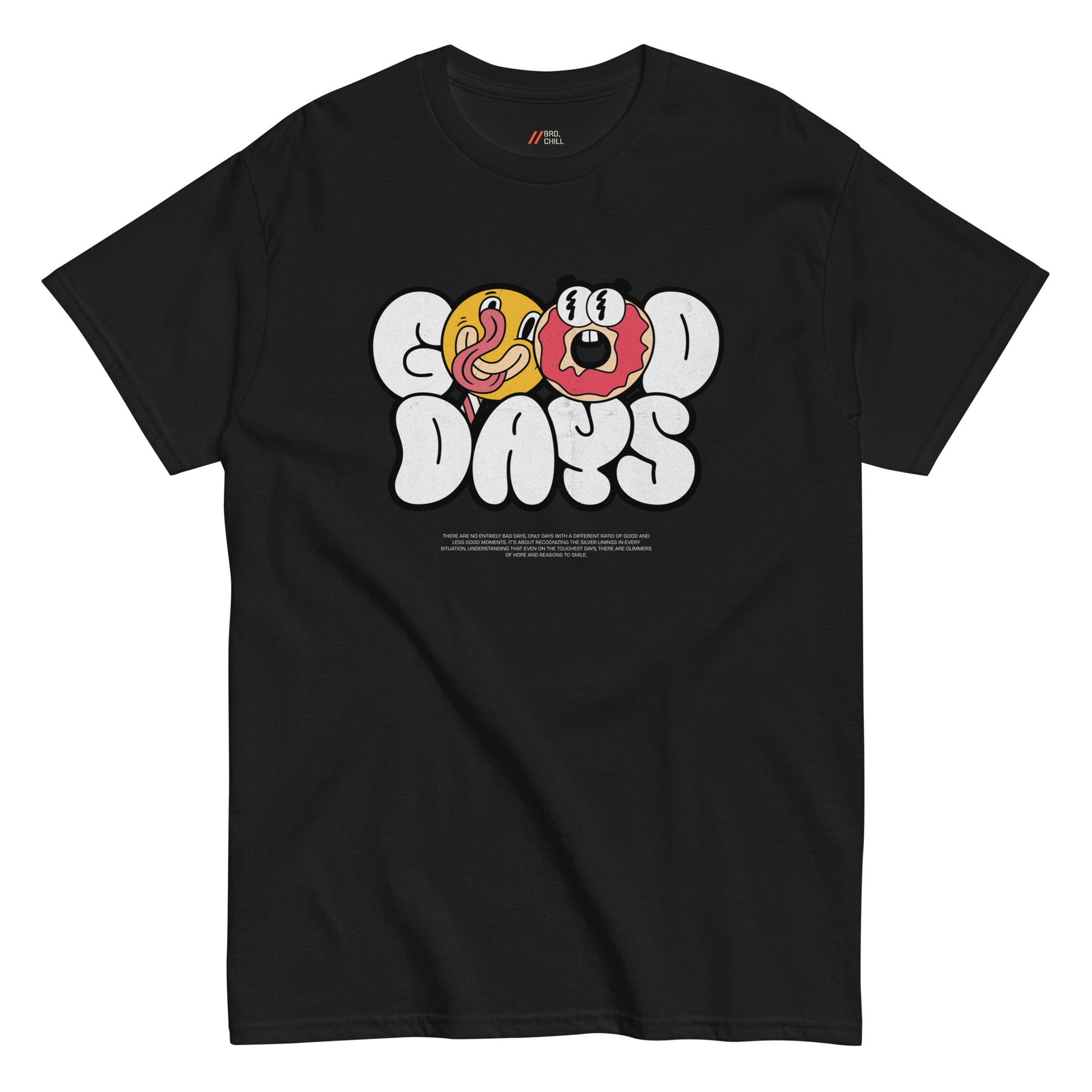 Black t-shirt with 'Good Days' graphic featuring cartoon donuts on a white background