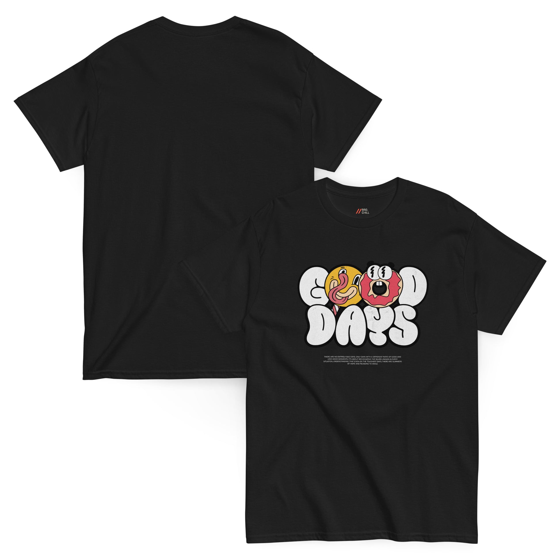 Black t-shirt with 'Good Days' graphic featuring cartoon donuts on a white background