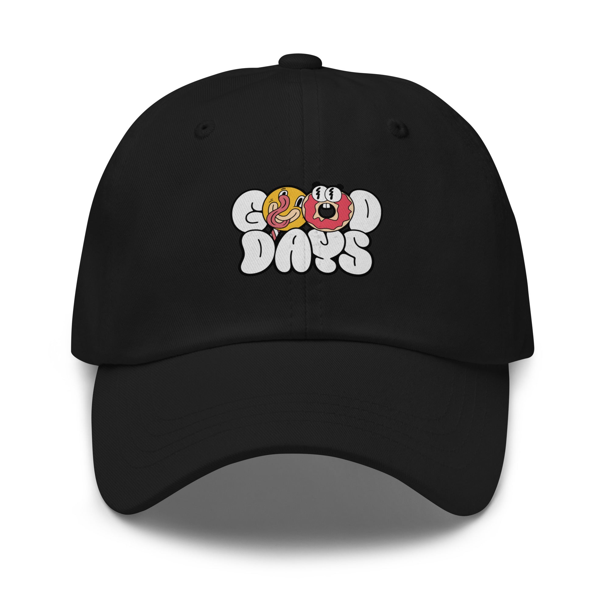 Black cap with 'Good Days' text and donut graphics on a white background