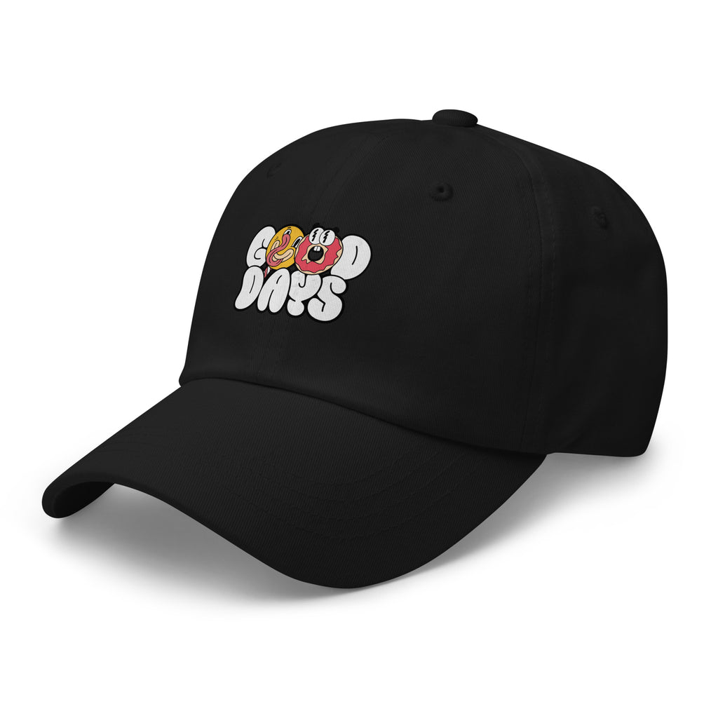 Black cap with 'Good Days' text and donut graphics on a white background