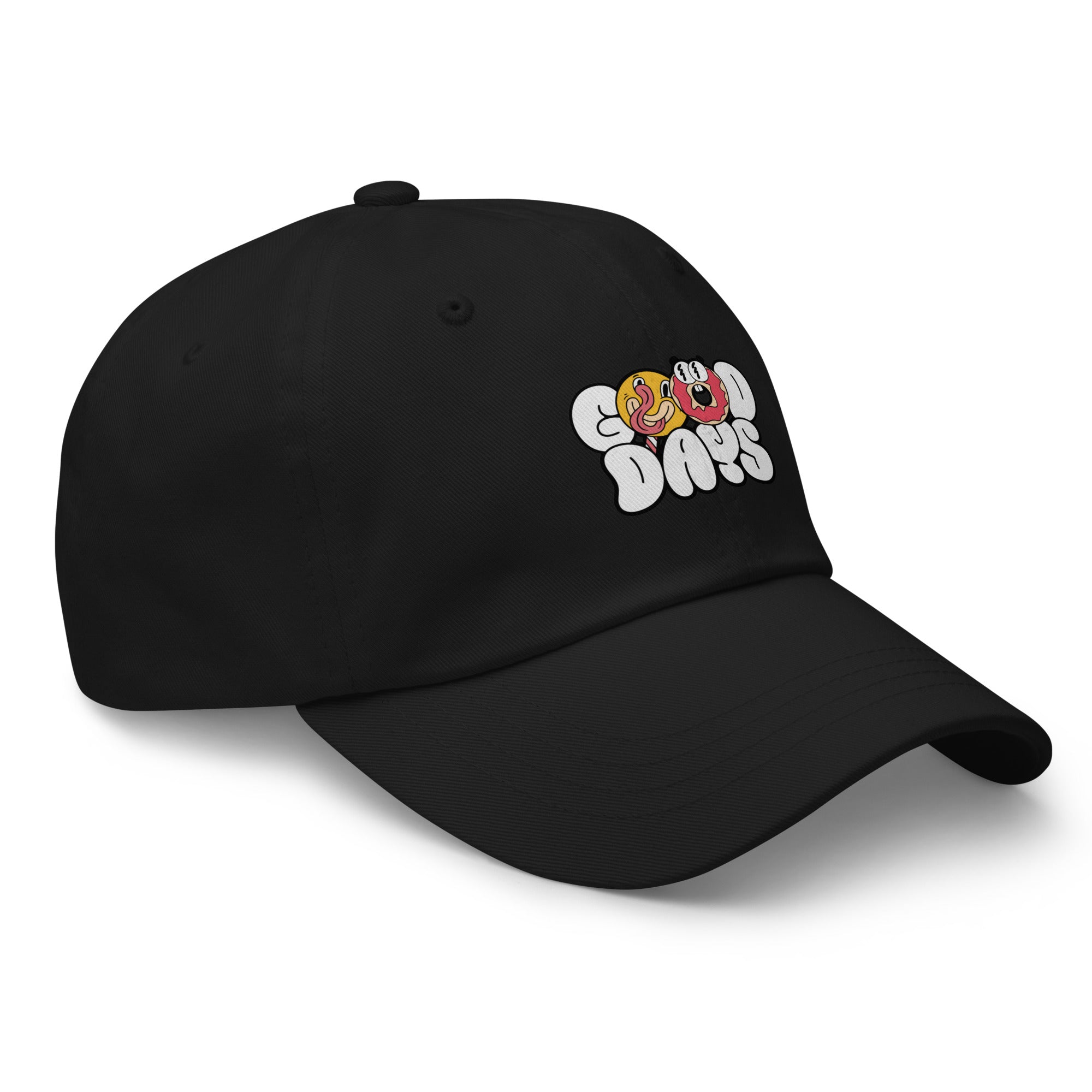 Black cap with 'Good Days' text and donut graphics on a white background