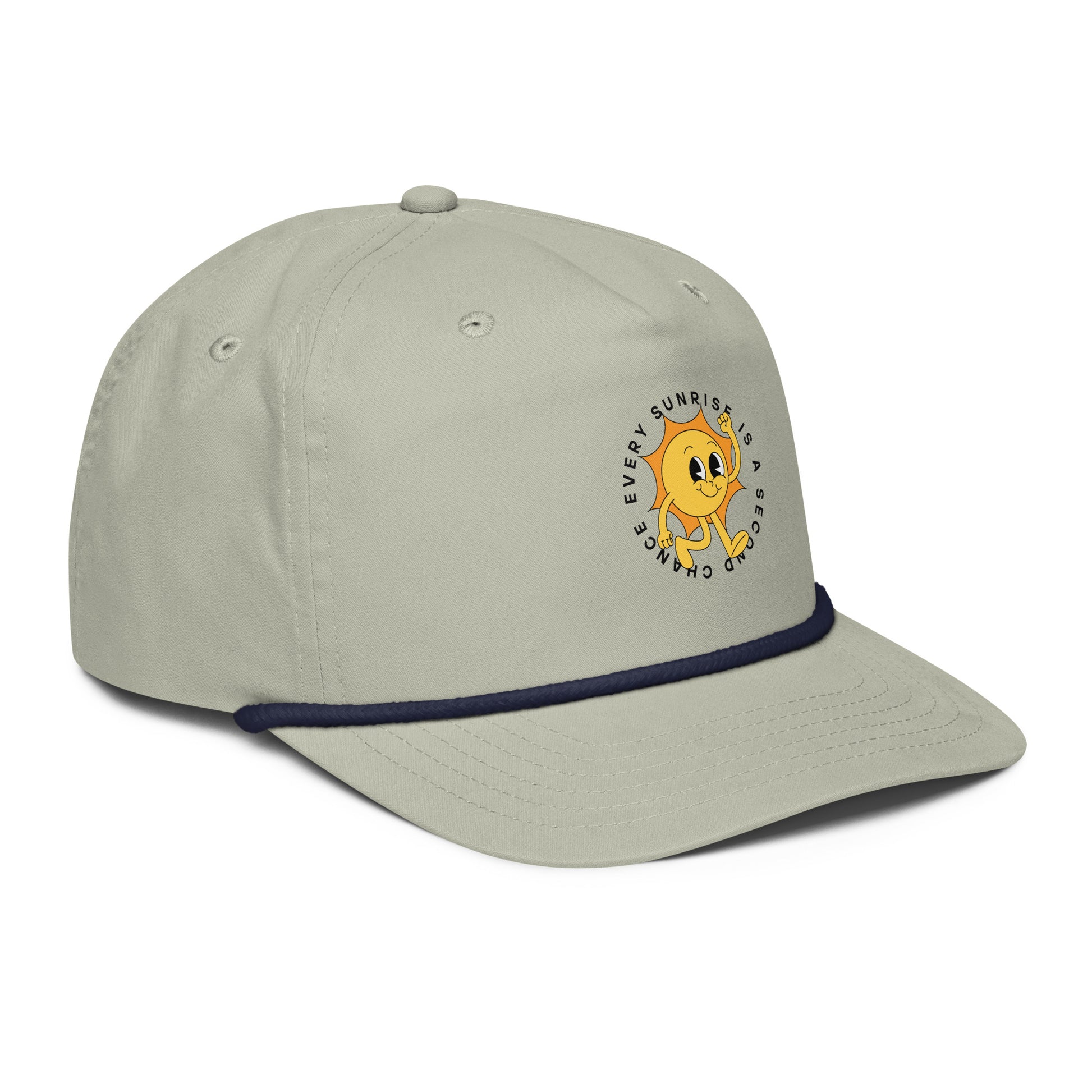 Grey hat with 'Every Sunrise is a Second Chance' around a walking sun graphic