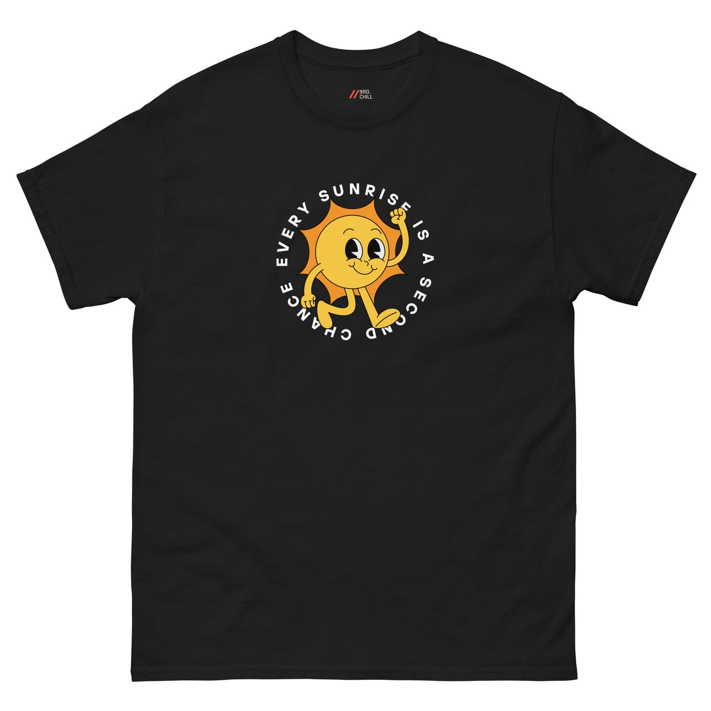 Black top with 'Every Sunrise is a Second Chance' text around a walking sun graphic