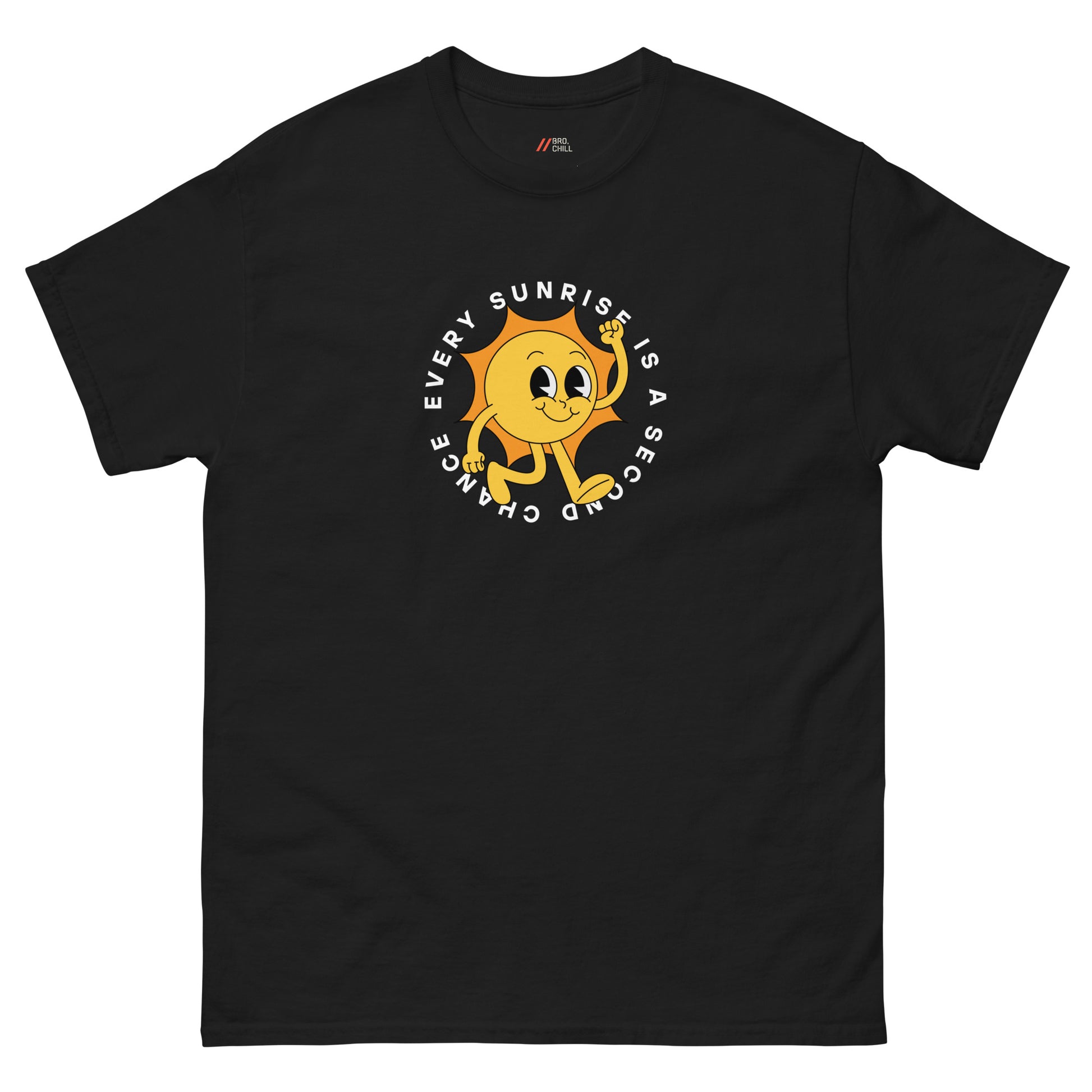Black top with 'Every Sunrise is a Second Chance' text around a walking sun graphic
