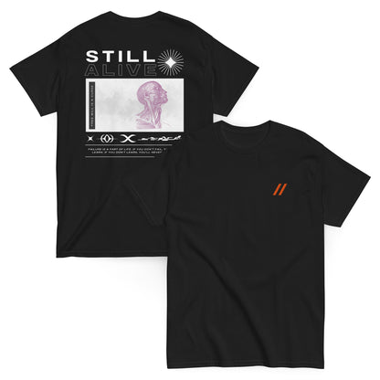 Black tee with Bro, Chill logo on the front and 'Still Alive' text on the back next to a skinless human on a white background