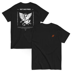 Black tee with Bro, Chill logo on the front and 'Set Me Free' text on the back next to a devil angel mix graphic