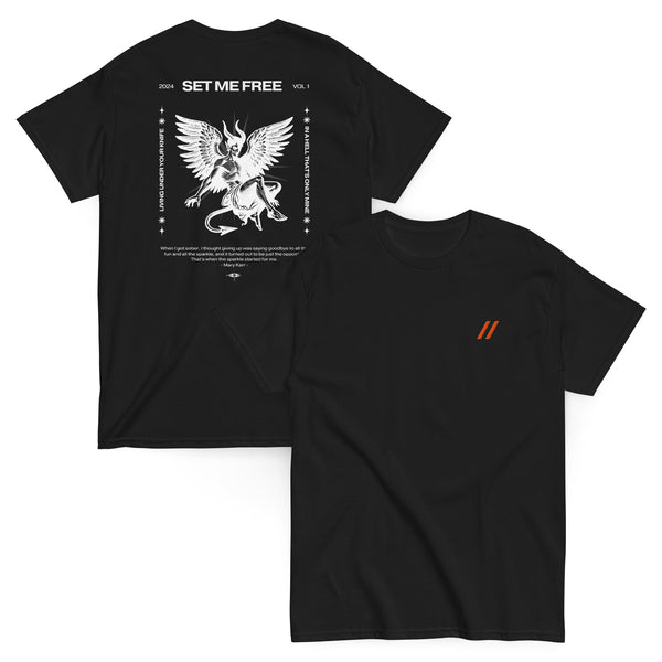Black tee with Bro, Chill logo on the front and 'Set Me Free' text on the back next to a devil angel mix graphic
