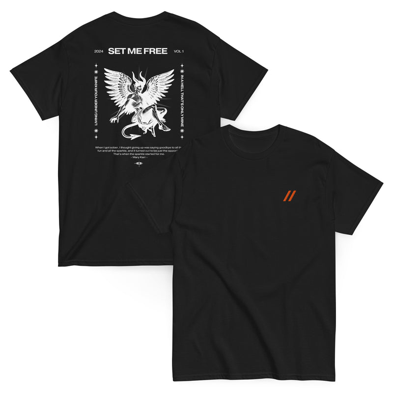 Black tee with Bro, Chill logo on the front and 'Set Me Free' text on the back next to a devil angel mix graphic