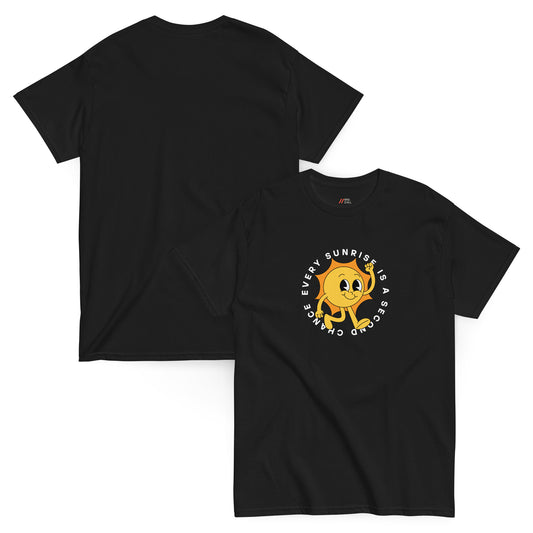 Black top with 'Every Sunrise is a Second Chance' text around a walking sun graphic