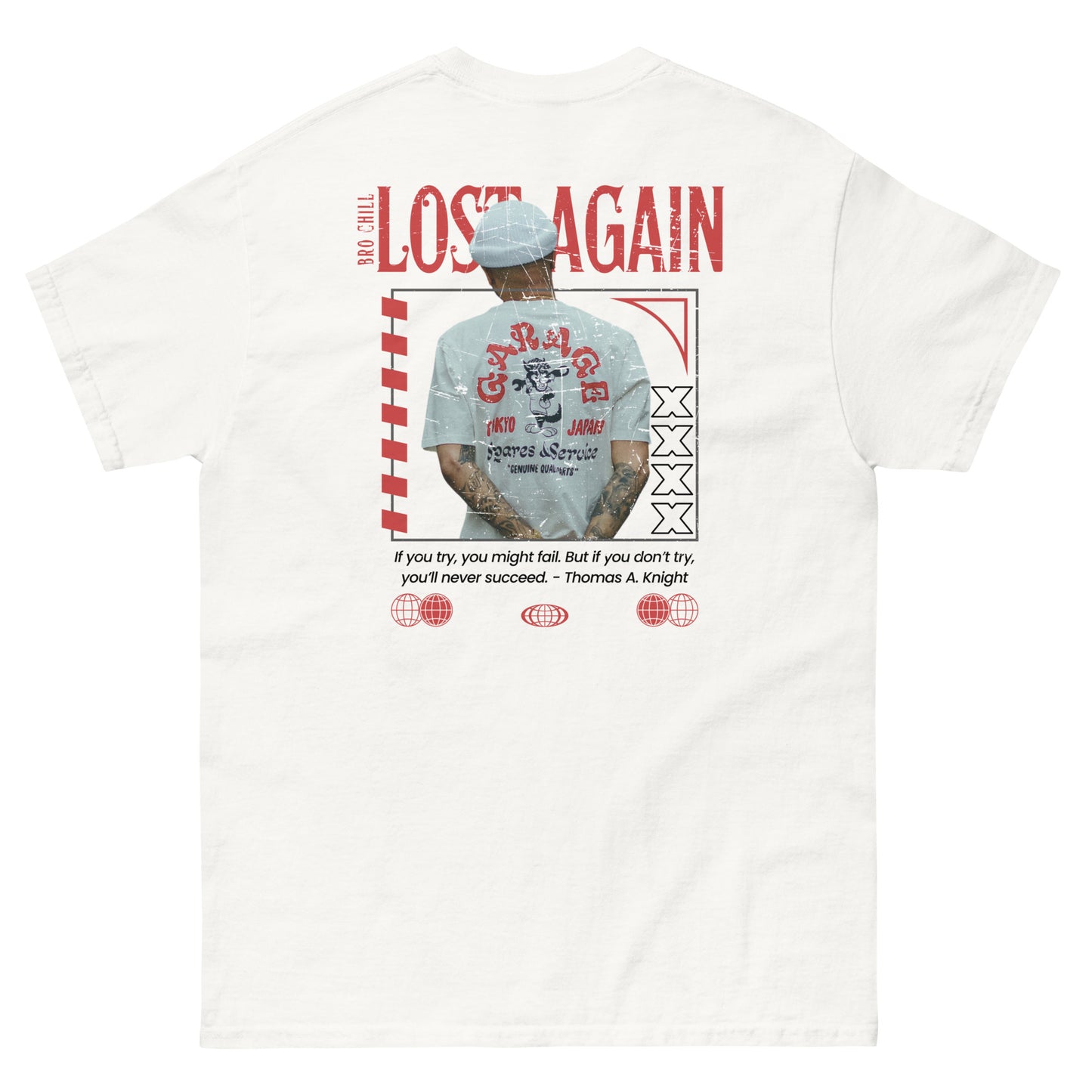 White tee with 'Lost Again' text on the back next to a tattooed man facing away from the camera
