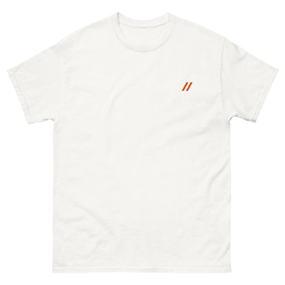 White tee with Bro, Chill logo on the front 