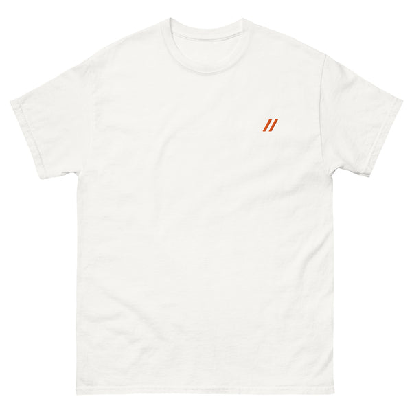 White tee with Bro, Chill logo on the front 