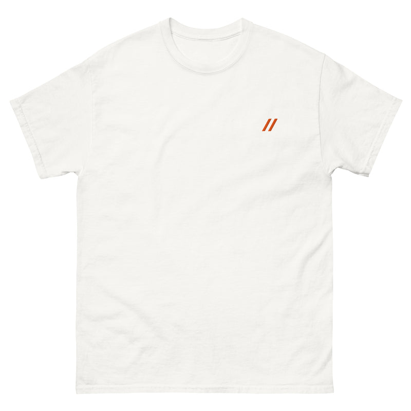 White tee with Bro, Chill logo on the front 