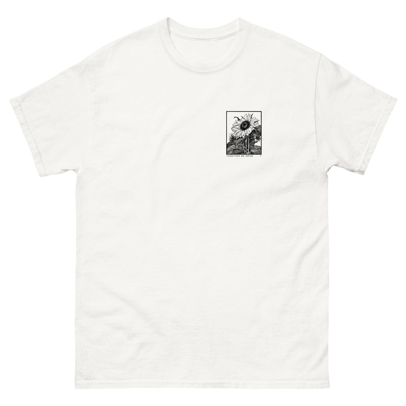 White top with 'Together We Grow' text next to a sunglower graphic