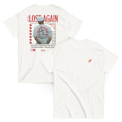 White tee with Bro, Chill logo on the front and 'Lost Again' text on the back next to a tattooed man facing away from the camera