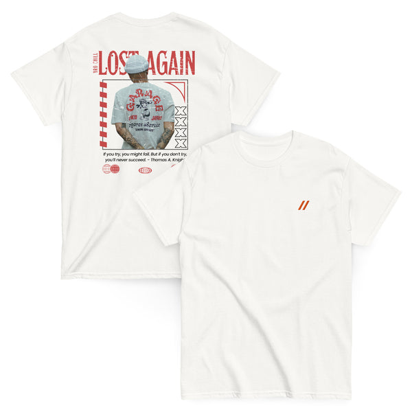 White tee with Bro, Chill logo on the front and 'Lost Again' text on the back next to a tattooed man facing away from the camera