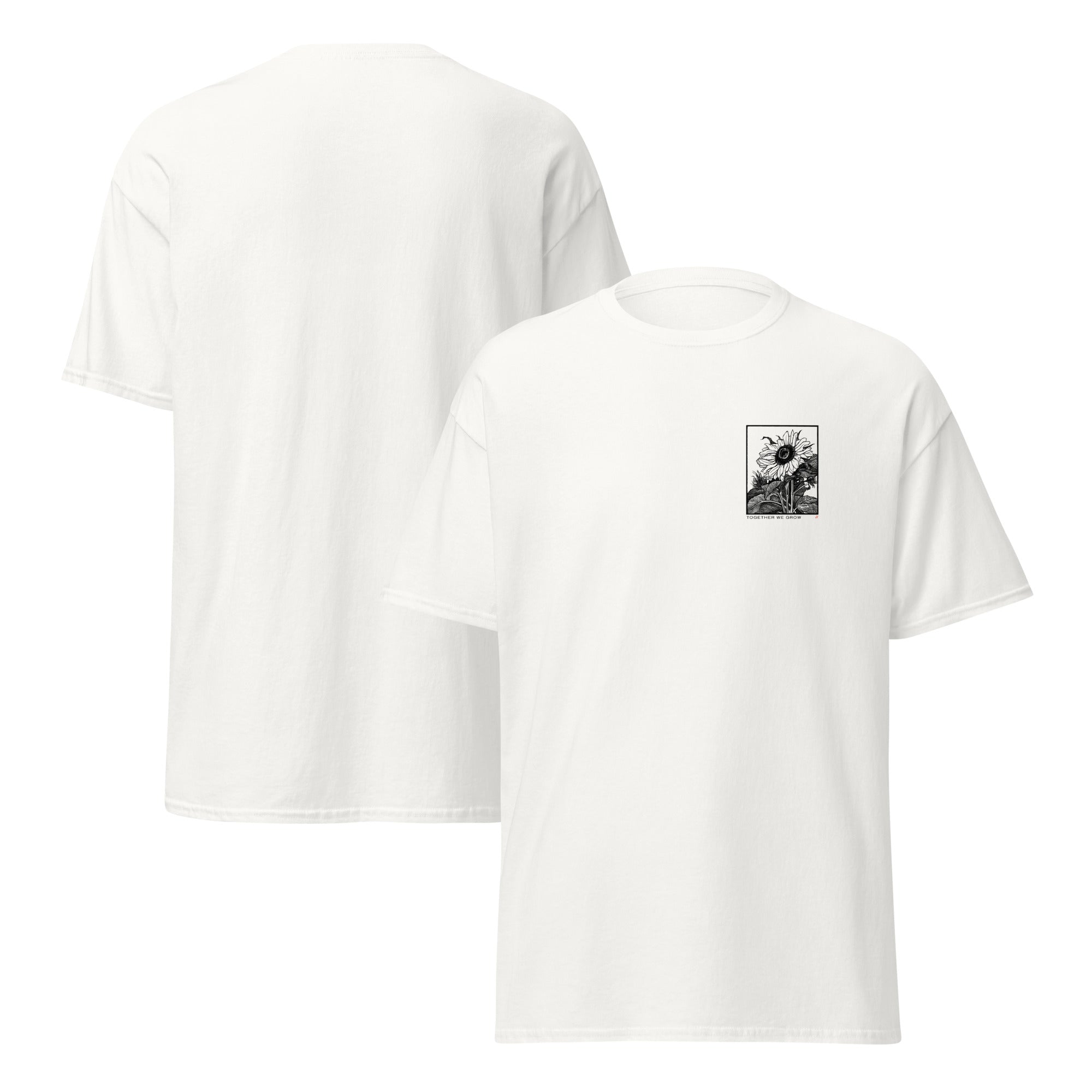 White top with 'Together We Grow' text next to a sunglower graphic
