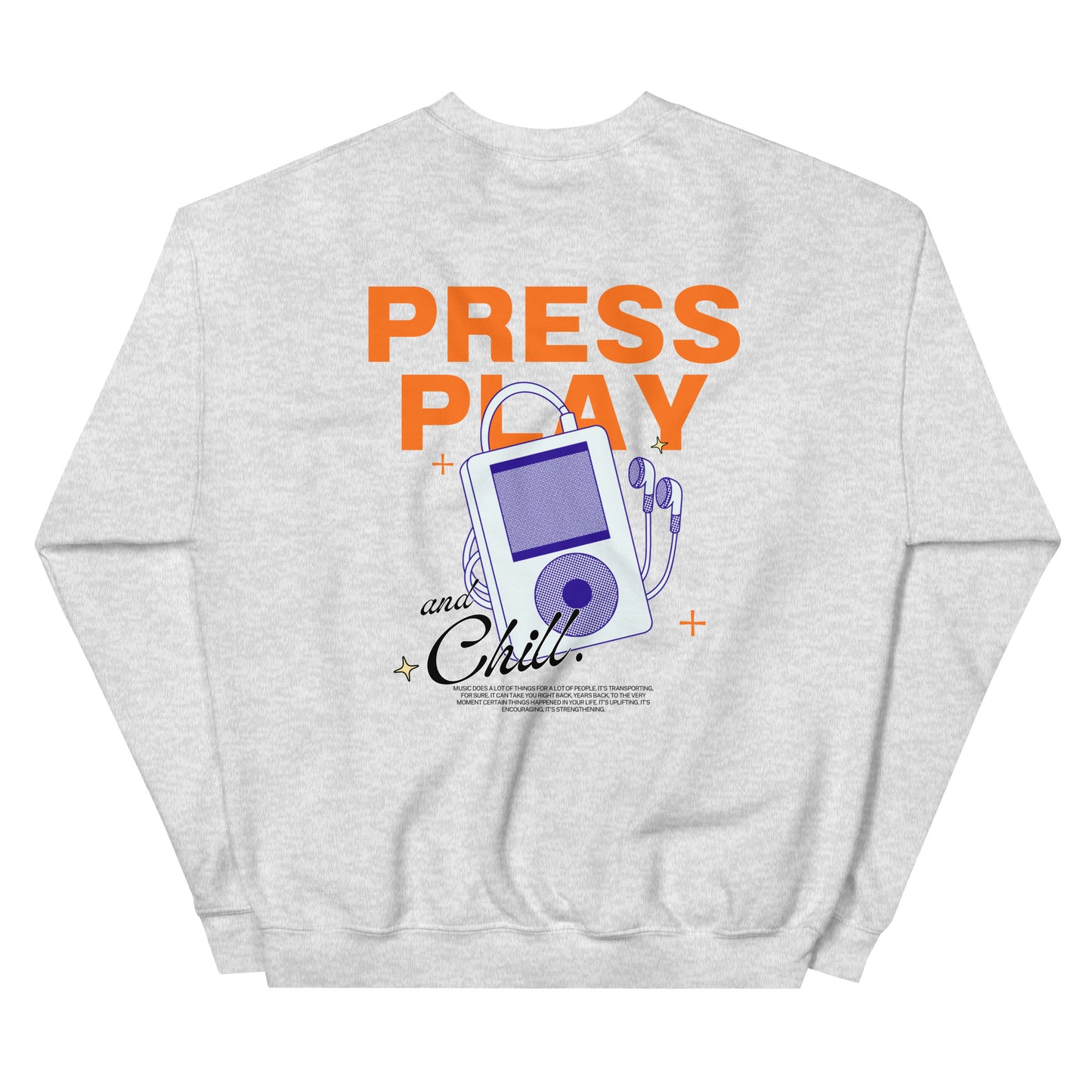 The back of a grey sweatshirt with a logo on the front  and a graphic design on the back