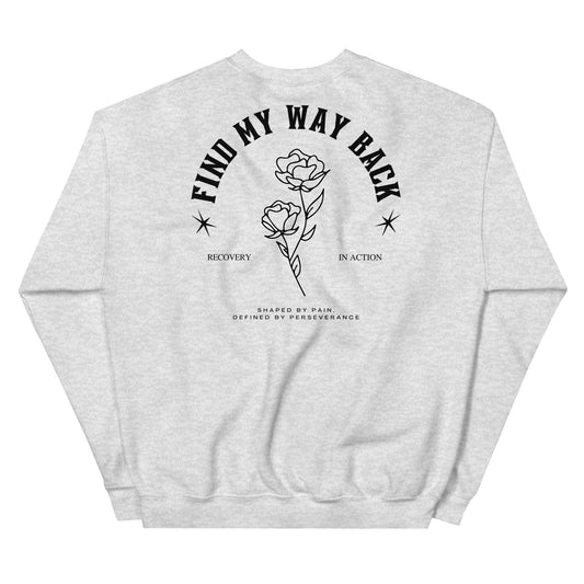 The back of a white sweatshirt with a logo on the front  and a graphic design on the back