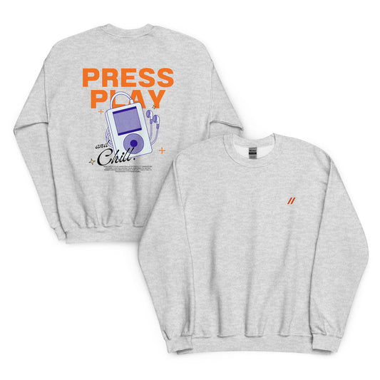 A grey sweatshirt with a logo on the front  and a graphic design on the back