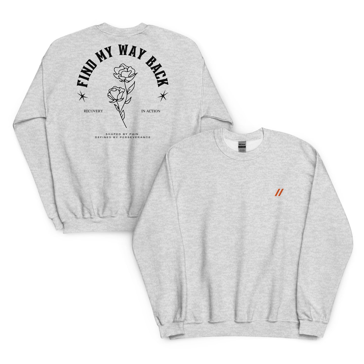 A white sweatshirt with a logo on the front  and a graphic design on the back