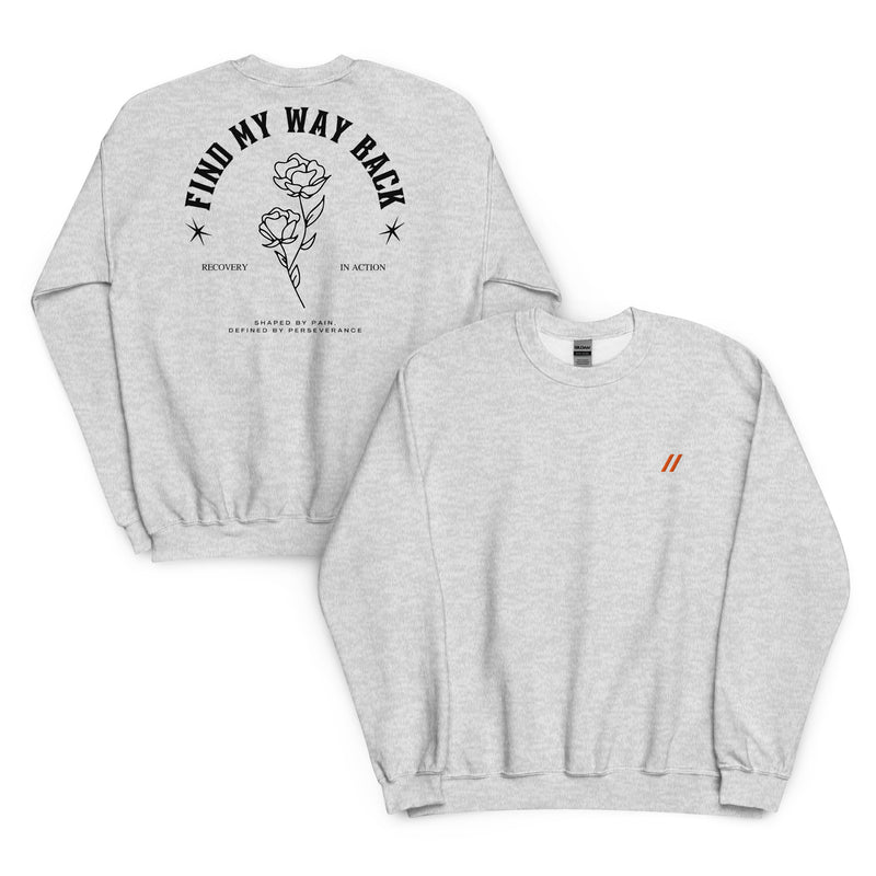 A white sweatshirt with a logo on the front  and a graphic design on the back