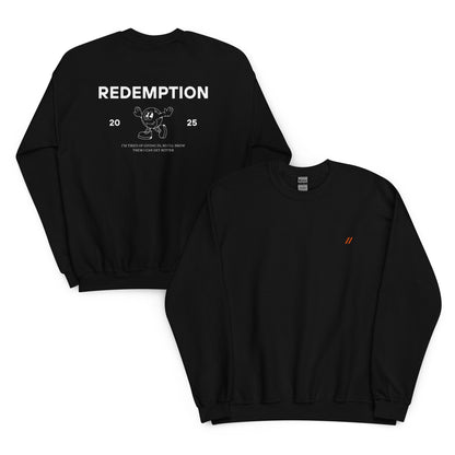 Black sweatshirt with a logo on the front and a graphic design on the back