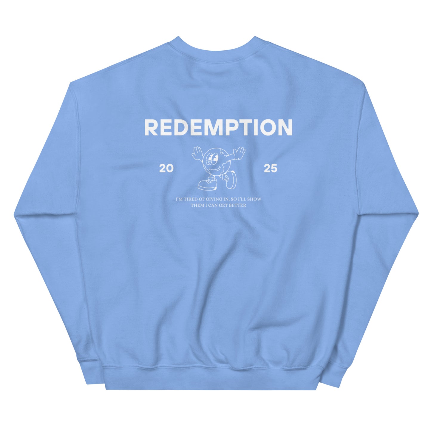 The back of a light blue sweatshirt with a logo on the front and a graphic design on the back