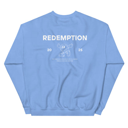 The back of a light blue sweatshirt with a logo on the front and a graphic design on the back