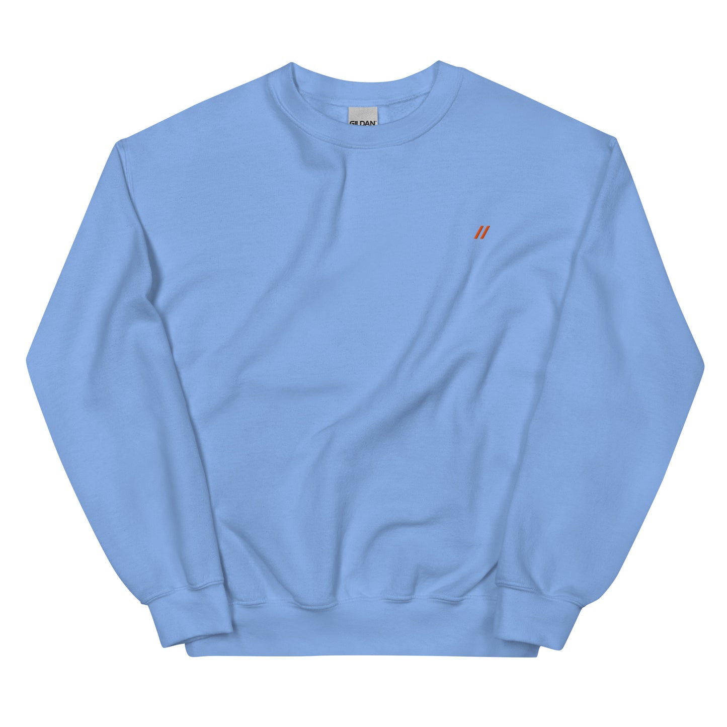 The front of a light blue sweatshirt with a logo on the front and a graphic design on the back