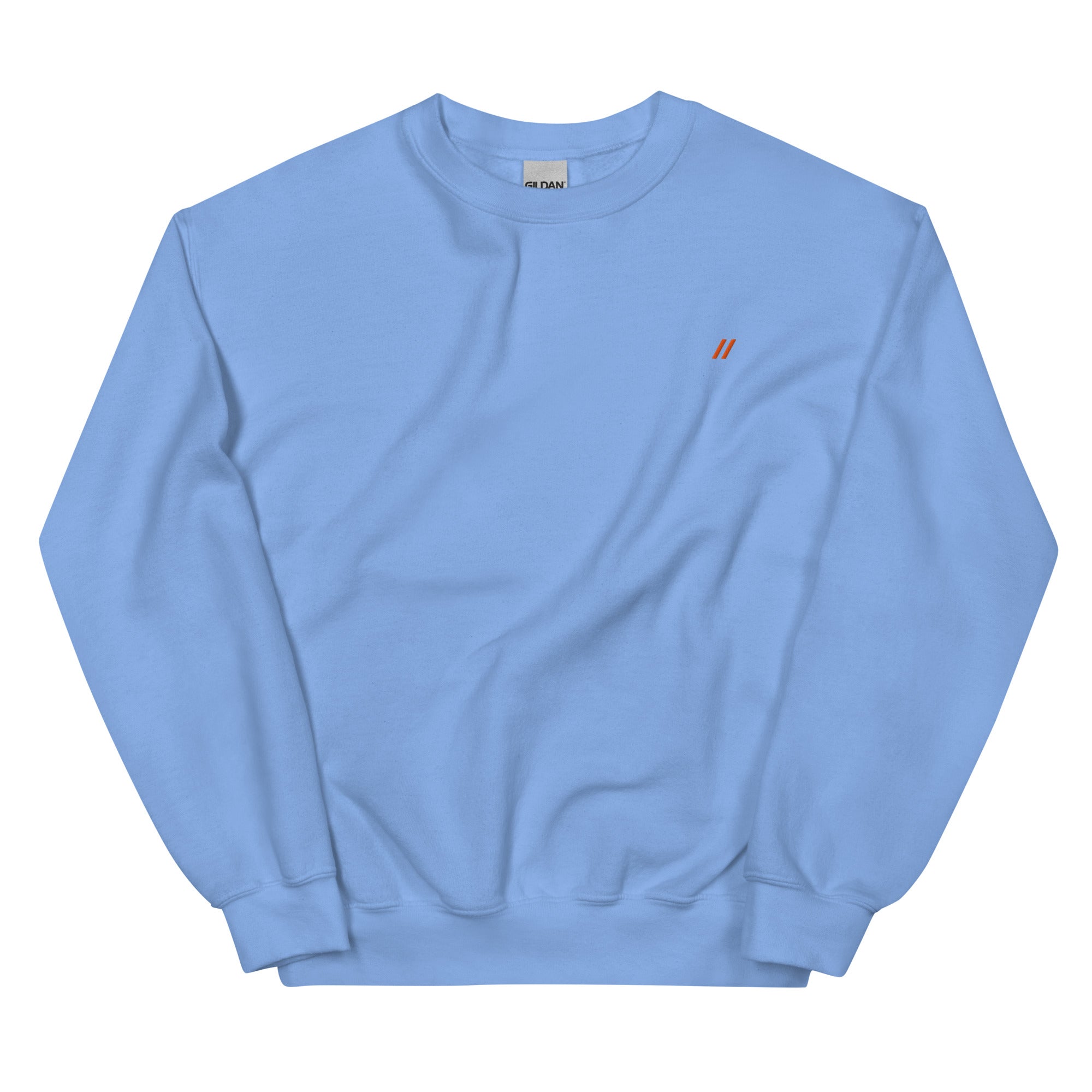 The front of a light blue sweatshirt with a logo on the front and a graphic design on the back