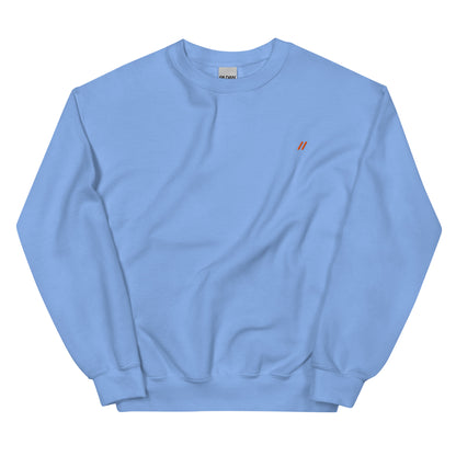 The front of a light blue sweatshirt with a logo on the front and a graphic design on the back