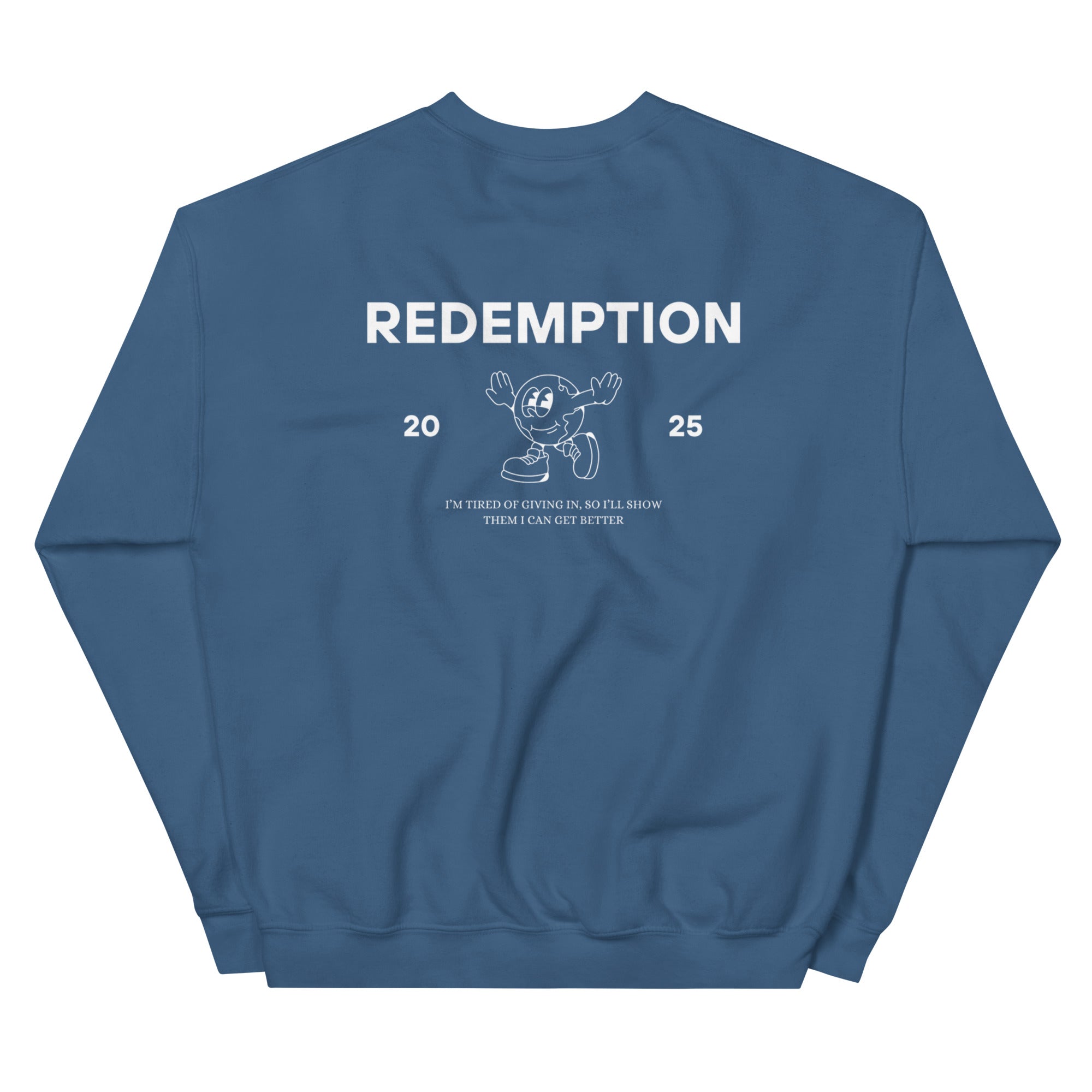 The back of a light blue sweatshirt with a logo on the front and a graphic design on the back