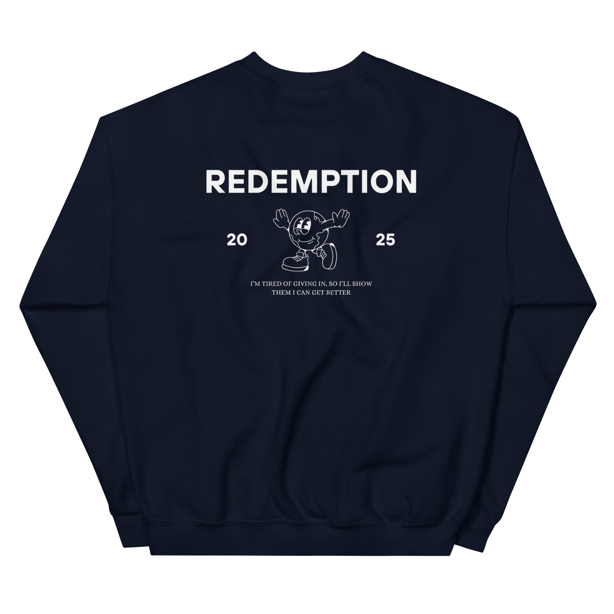 The back of a blue sweatshirt with a logo on the front and a graphic design on the back