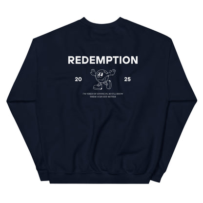 The back of a blue sweatshirt with a logo on the front and a graphic design on the back