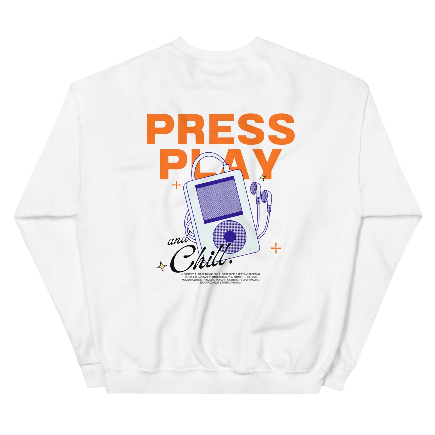 The back of a white sweatshirt with a logo on the front  and a graphic design on the back